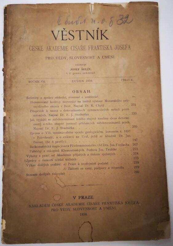 Журнал. Věstník České Akademie Císaře Františka Josefa pro Vědy, slovesnost a umění. Rocník VII. Duben 1898. Číslo 4.