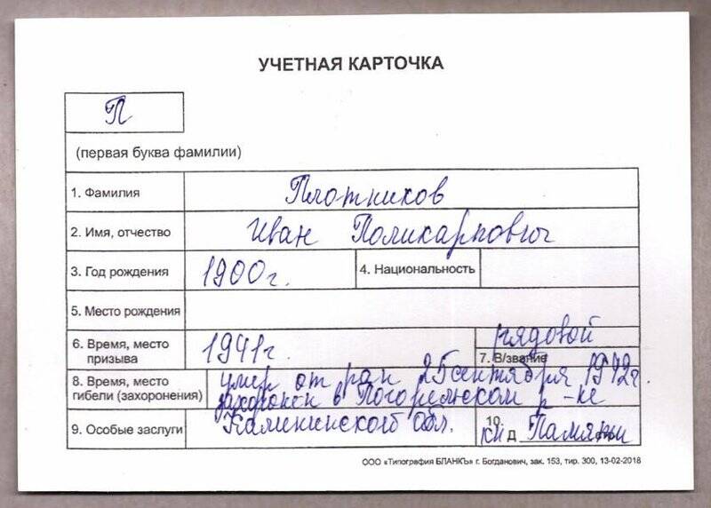 Учетная карточка: Плотников Иван Поликарпович - участник ВОВ