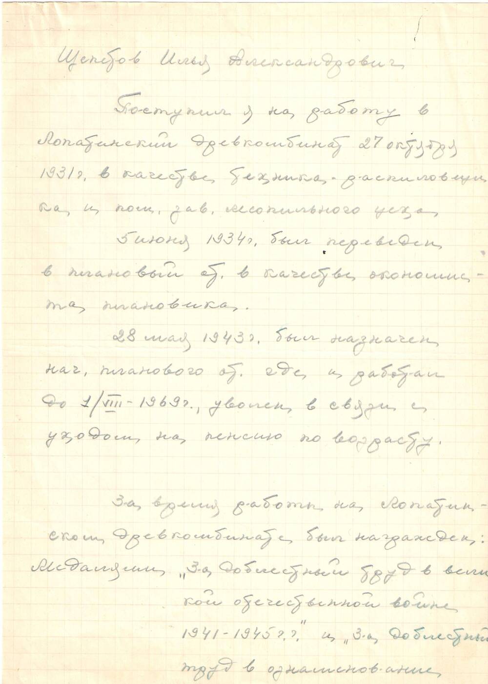 Данные о старейших сотрудниках ВДК. Щепетов И.А.  - стаж,занимаемые должности,награды.