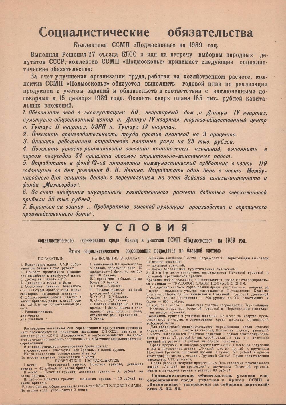 Плакат Социалистические обязательства коллектива ССМП Подмосковье, 1989 год.