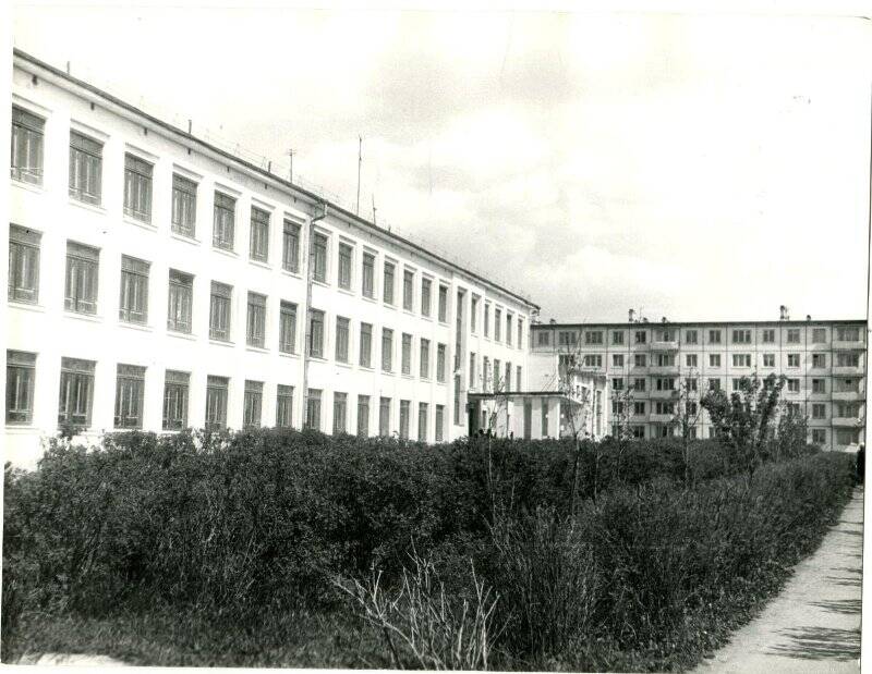 Фотография ч/б. Фотография. Здание Кадниковской средней школы, построенное в 1965г. Фото 1980года.