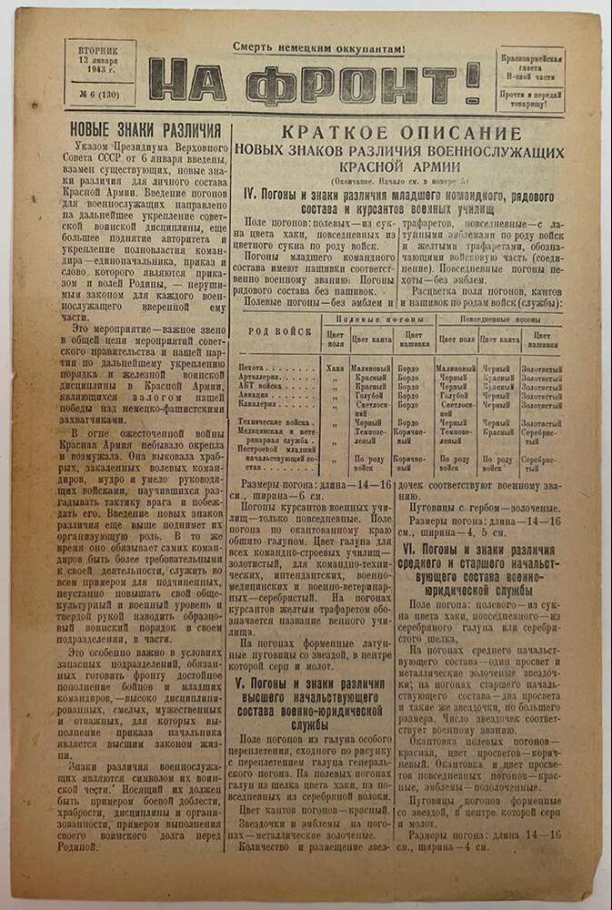 Красноармейская газета Н-ской части «На фронт!» № 6 (130)