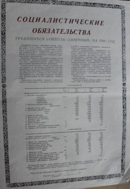 Листовка. Социалистические обязательства трудящихся совхоза Заречный на 1986г