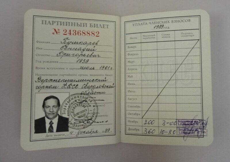 Билет партийный №24368882 Пушкарева Геннадия Григорьевича, 1939 г.р.