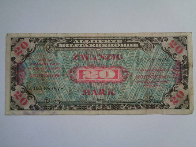 Знак денежный 20 марок № 103 853575, 1944 года. Советская зона оккупации, Германия