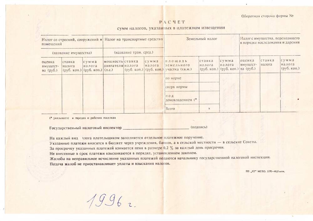 Документ. Платежное извещение на земельный налог Дурницина С.А.