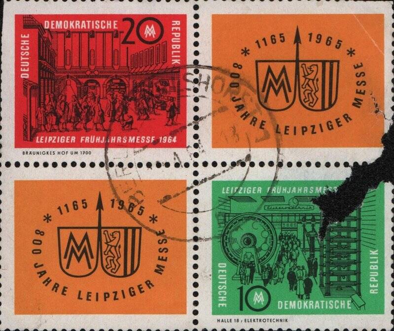 Сцепка (квартблок) из двух почтовых марок с купонами. 800-летие Лейпцигской ярмарки. Номинальная стоимость10 и 20 пфенингов.