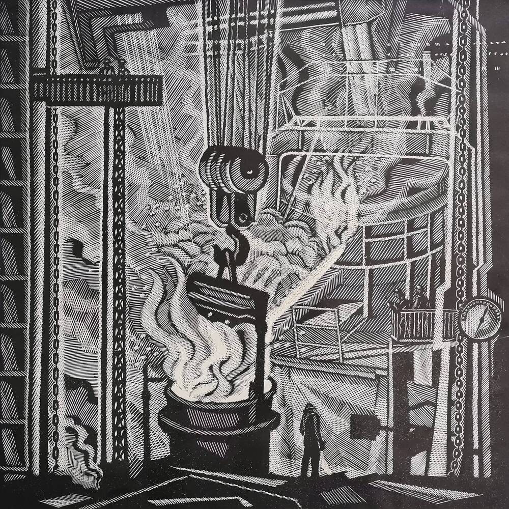 Линогравюра «В сталеплавильном цехе» художника Ахунова М.Ф.