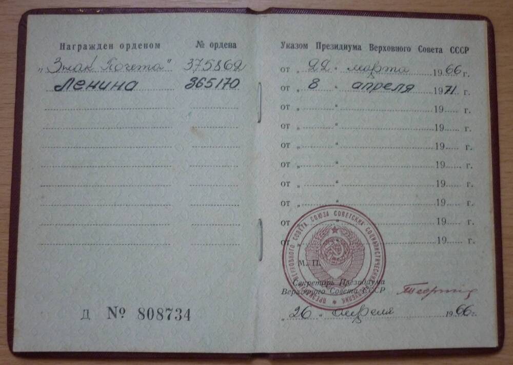 Орденская книжка Александры Александровны Афониной №Д808734 от 26 августа 1966г.