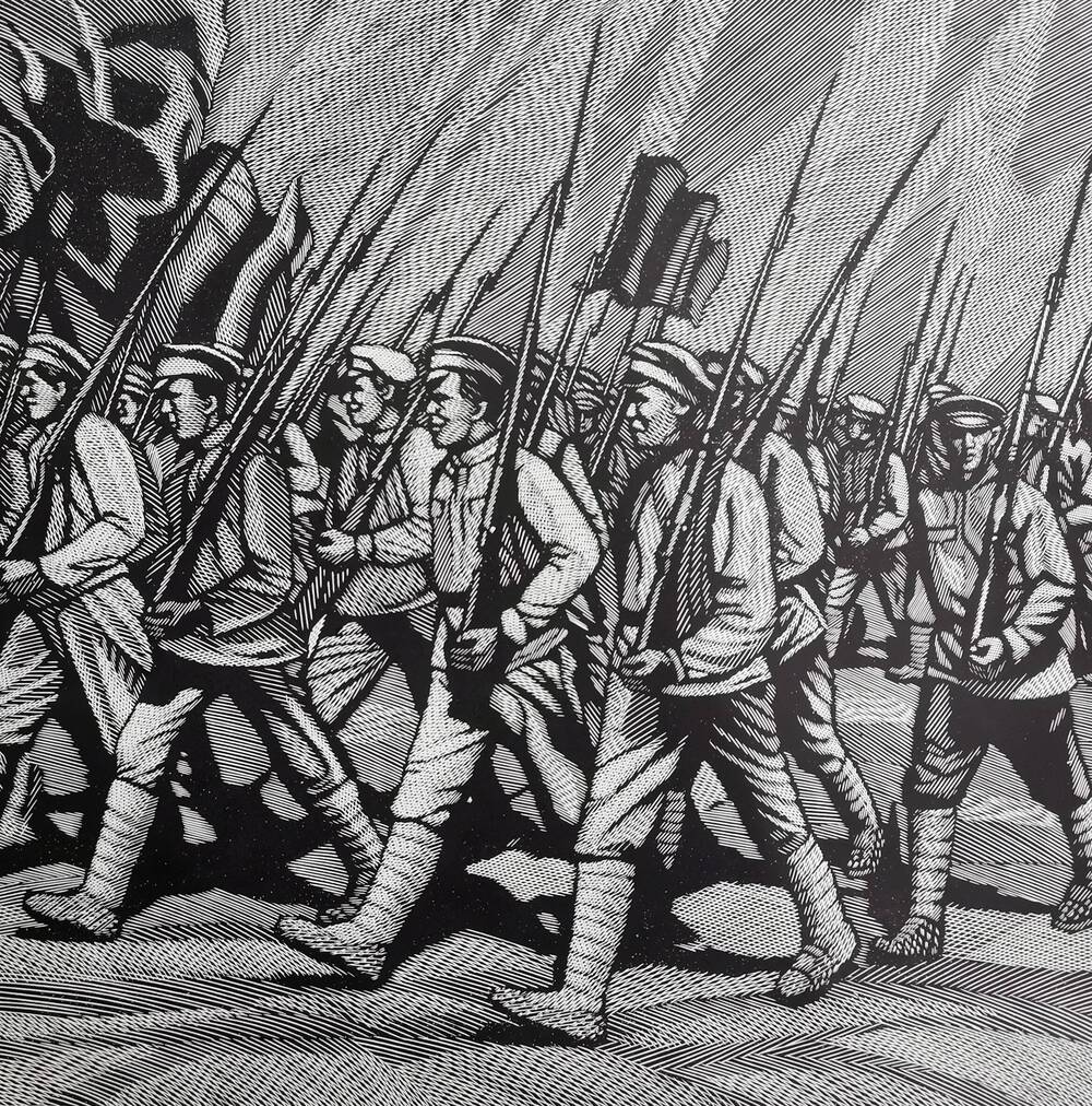 Линогравюра «Солдаты революции» художника Ахунова М.Ф.