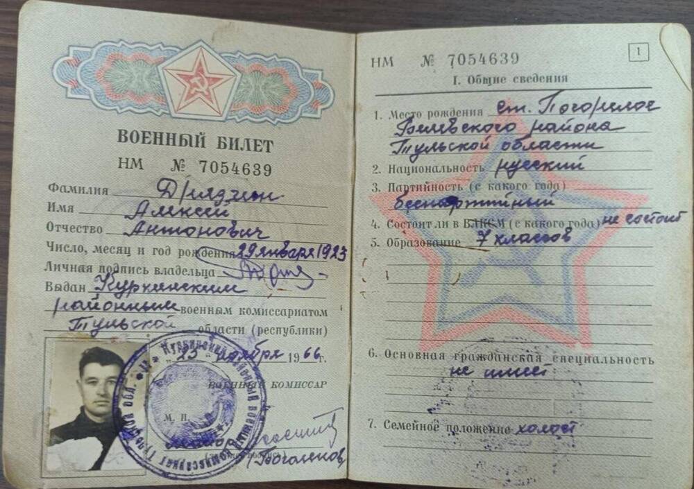Военный билет Дрязгина Алексея  Антоновича.