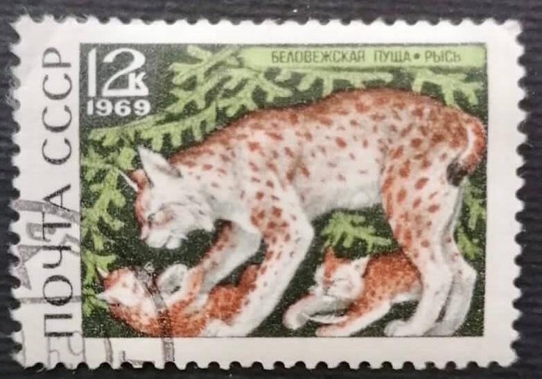 Марка почтовая «Евразийская рысь (Lynx lynx). Погашена. Серия: Природный заповедник Беловежская пуща