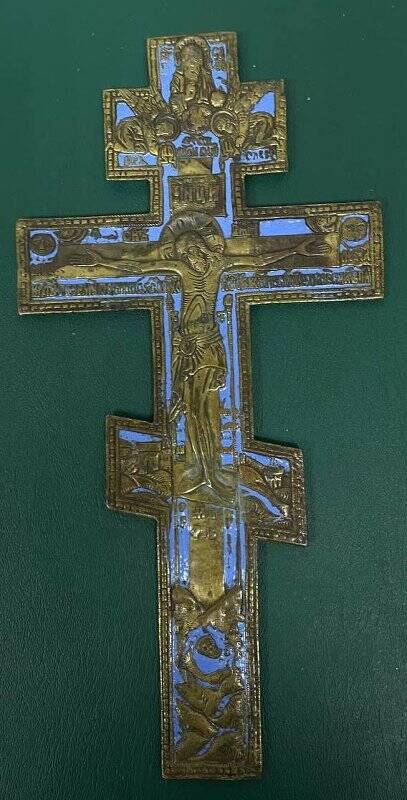Меднолитой старообрядческий киотный крест. Бронза, эмаль.