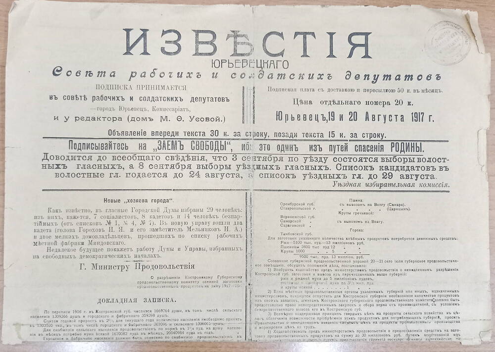 Газета  Известия. Орган  Юрьевецкого совета рабочих и солдатских депутатов.