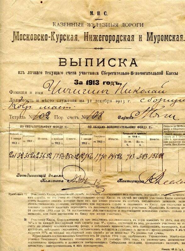 Выписка из личного счета участника Сберегательно_Вспомогательной кассы за 1913г. на имя Чичигина Николая.