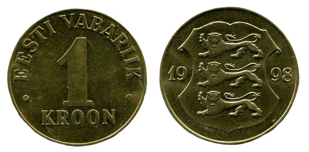 Монета. 1 kroon (1 одна крона). Республика Эстония, 1998 г.