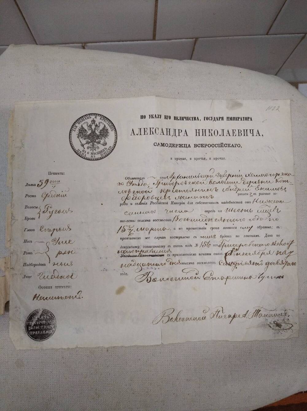 Паспорт образца 1876 года объявителю Андрей Екимов Федоровцев.