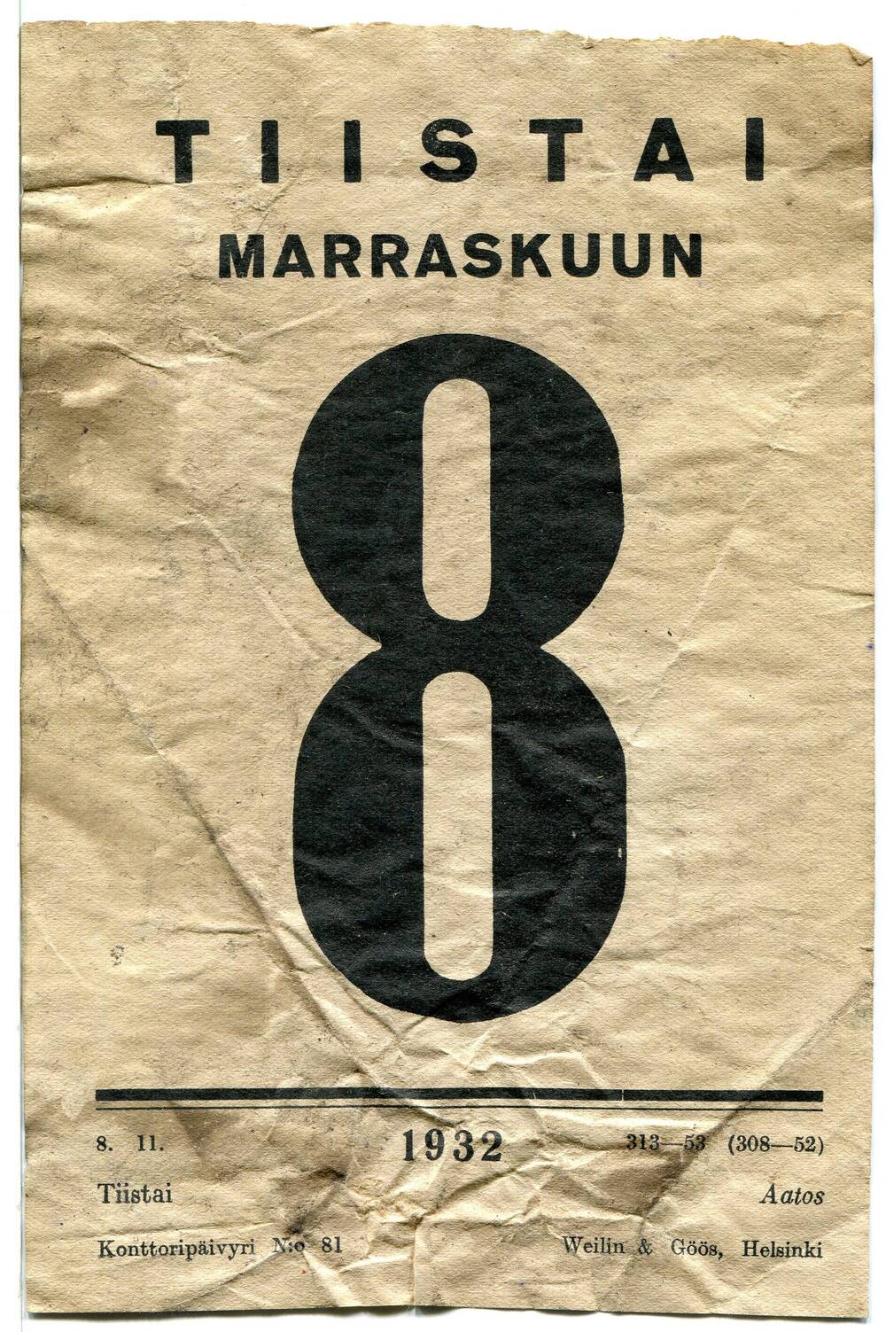 Лист отрывного календаря. «Tiistai  marraskuu 8» (вторник 8 ноября). Республика Финляндия, 1932 г.