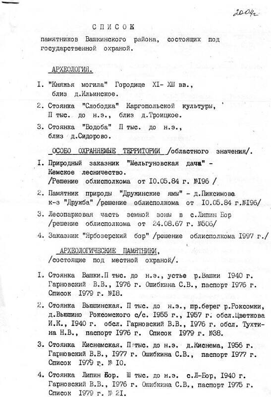 Список памятников Вашкинского района состоящих под государственной и местной охраной