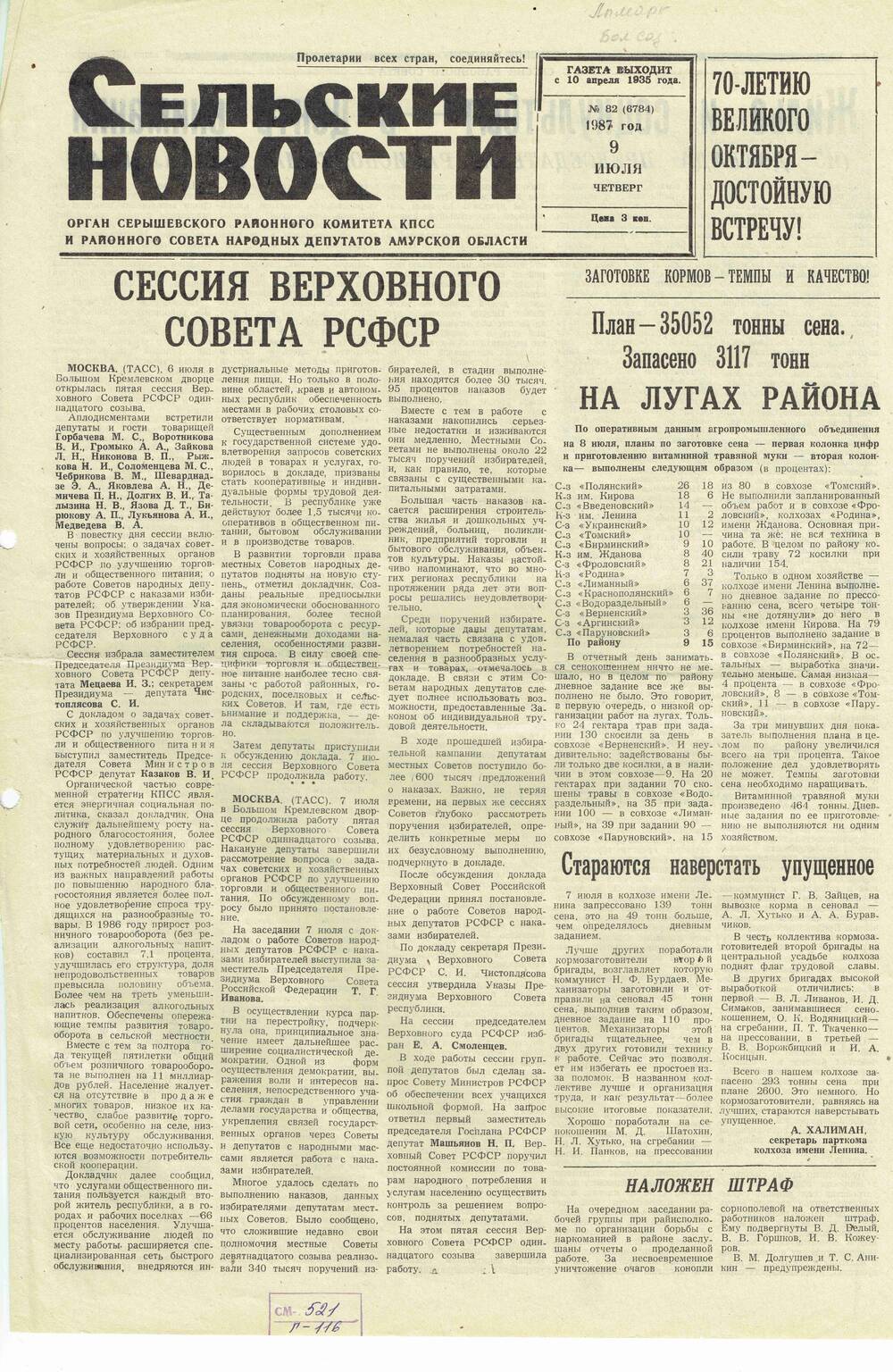 Газета «Сельские новости» №82 09.07.1987 года выпуска.