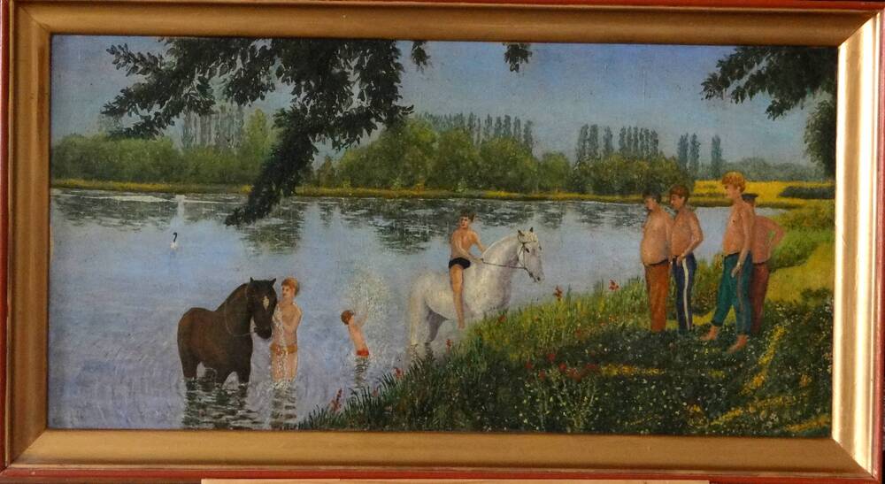 Картина. Купание коней. На картине изображены люди, приведшие лошадей на речку купаться. Яркий солнечный день, голубая вода реки и сочная зелень листвы и травы