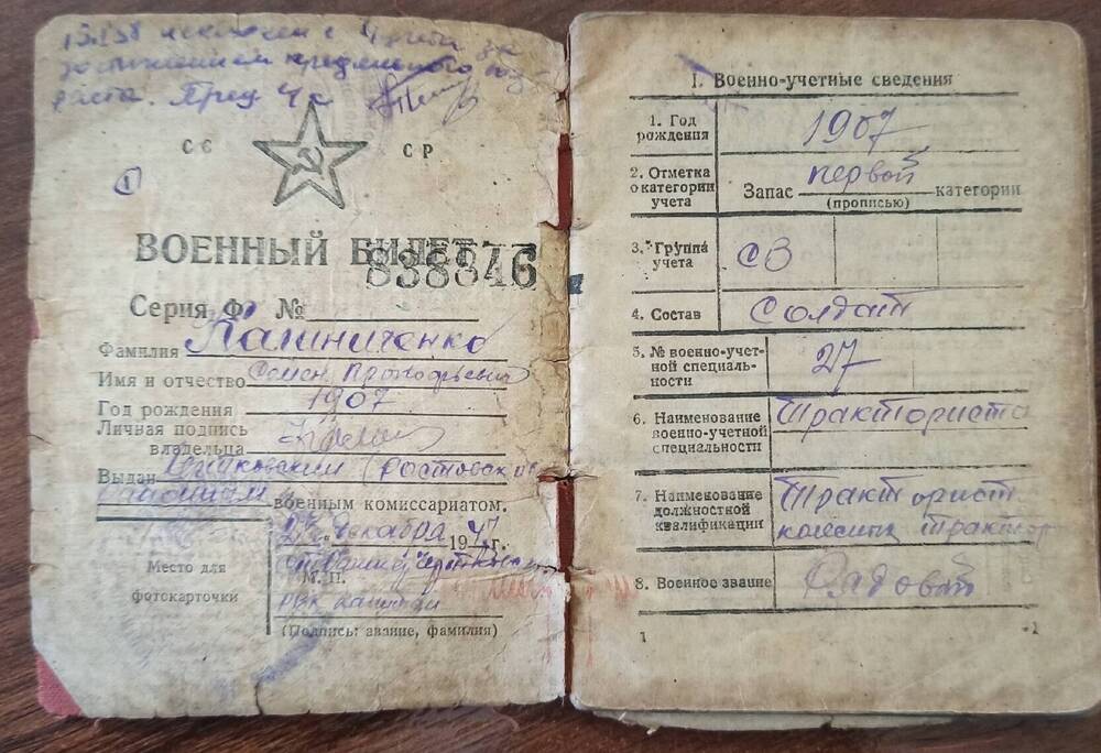 Военный билет - Калиниченко Семёна Прокофьевича.