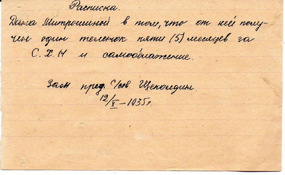 Расписка зам. председателя с/совета в получении телёнка от Митрошиной И.И.