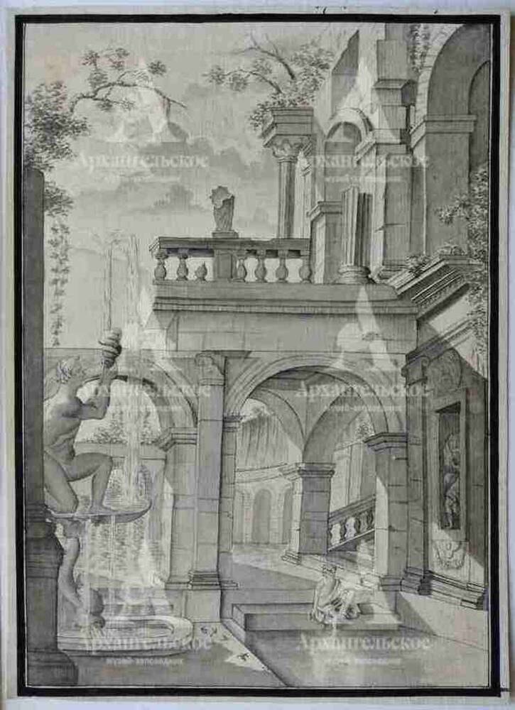 Руины дворца с фонтаном (ученический рисунок) 