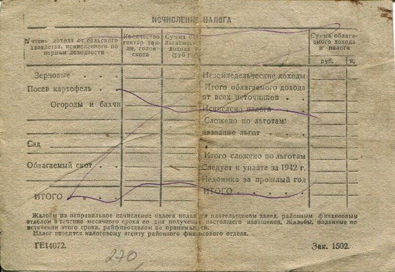 Платежное извещение для колхозников об уплате сельхозналога за 1943 г. Шестакова Анна Александровна