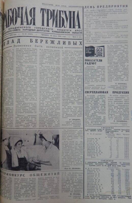 Газета Рабочая трибуна № 85 (3295), четверг, 16 июля 1981г.