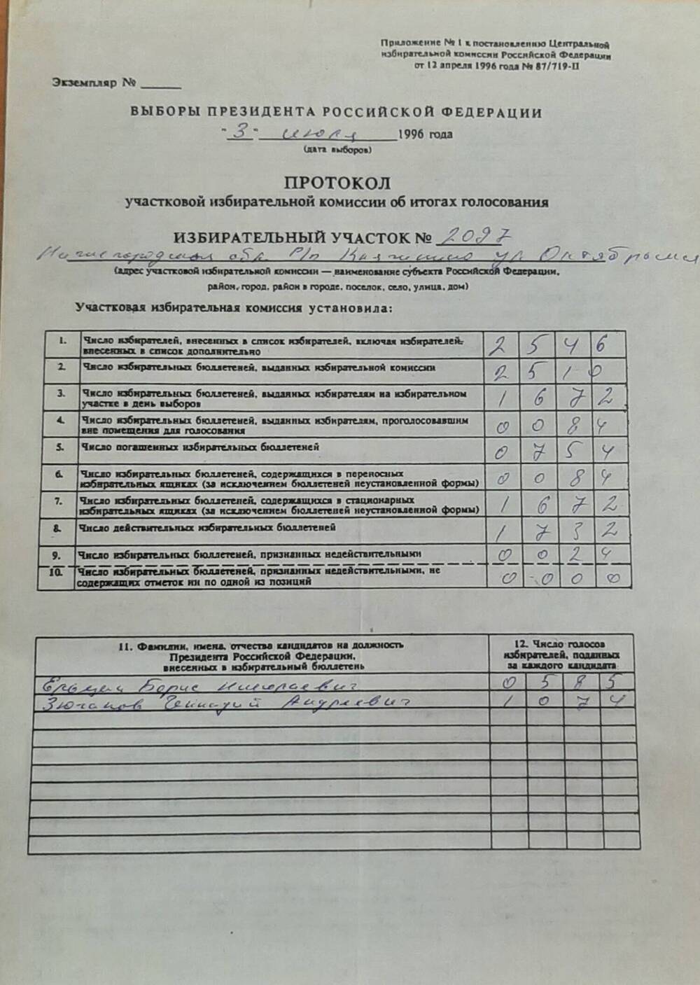 Протокол голосования на выборах президента 16.06.1996 г.