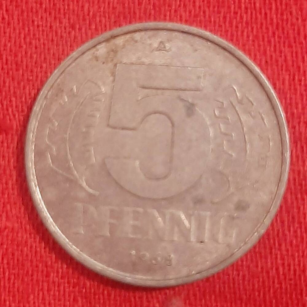 Монета номиналом 5 пфеннингов, 1969 г, Германия.