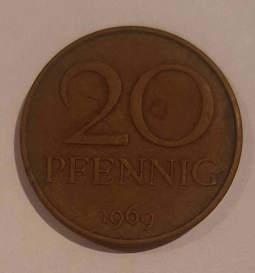 Монета номиналом 20 пфеннигов , 1969г, Германия.