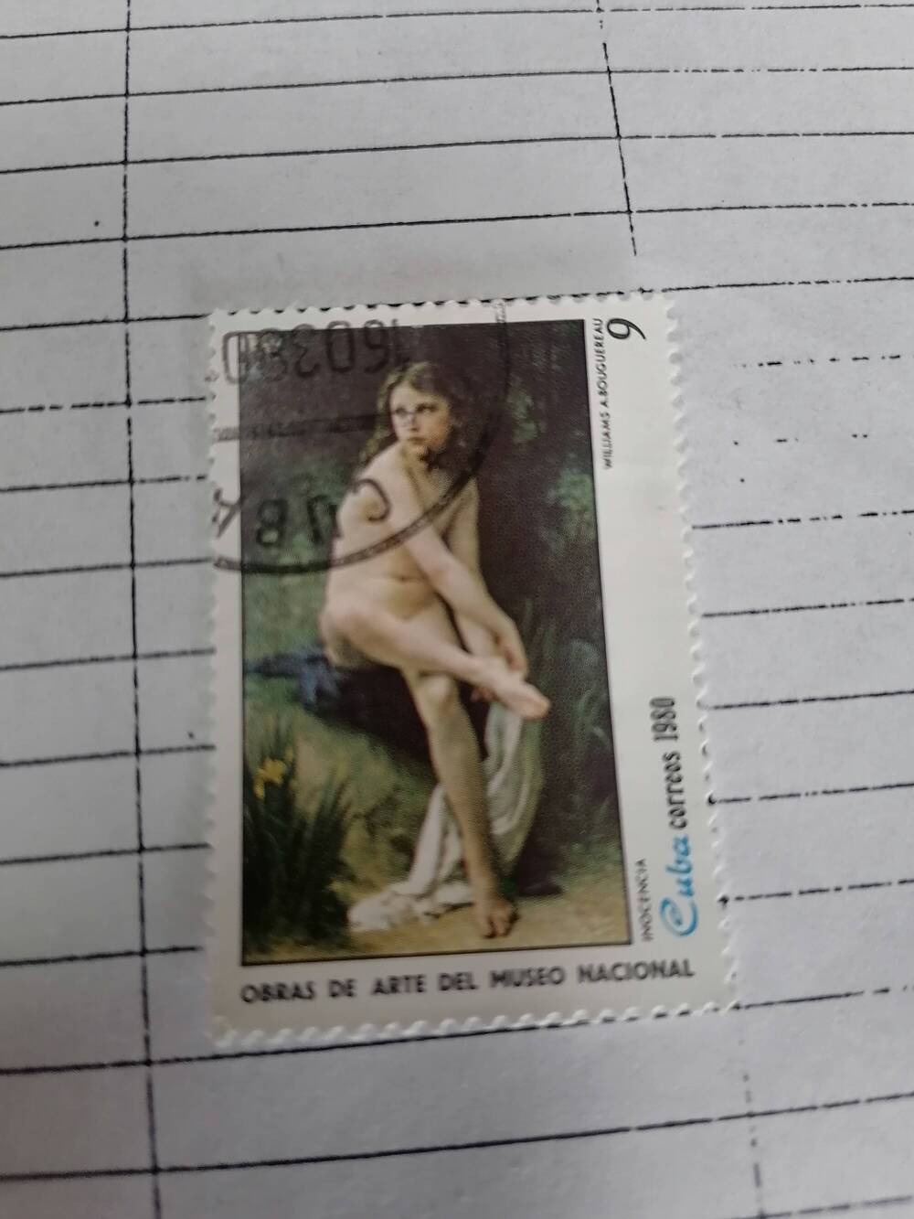 Марка почтовая гашеная, Cuba Correos,Куба,1980г,Obras de  arte muzeo Nacional  Williams A.Bouquereau