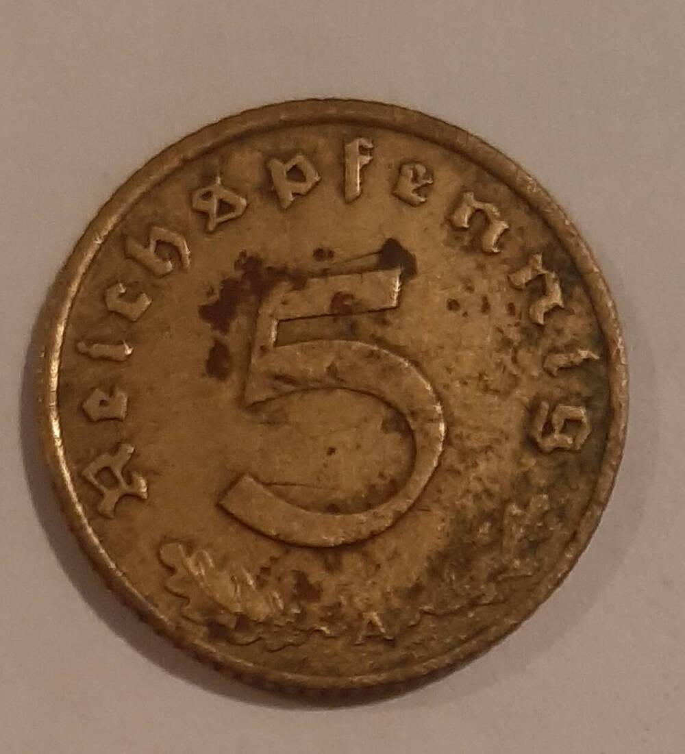Монета номиналом рейхспфенингов, Германия, 1939 г.