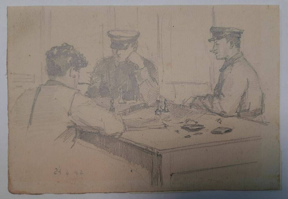 Рисунок. Военнослужащие за столом с шахматами