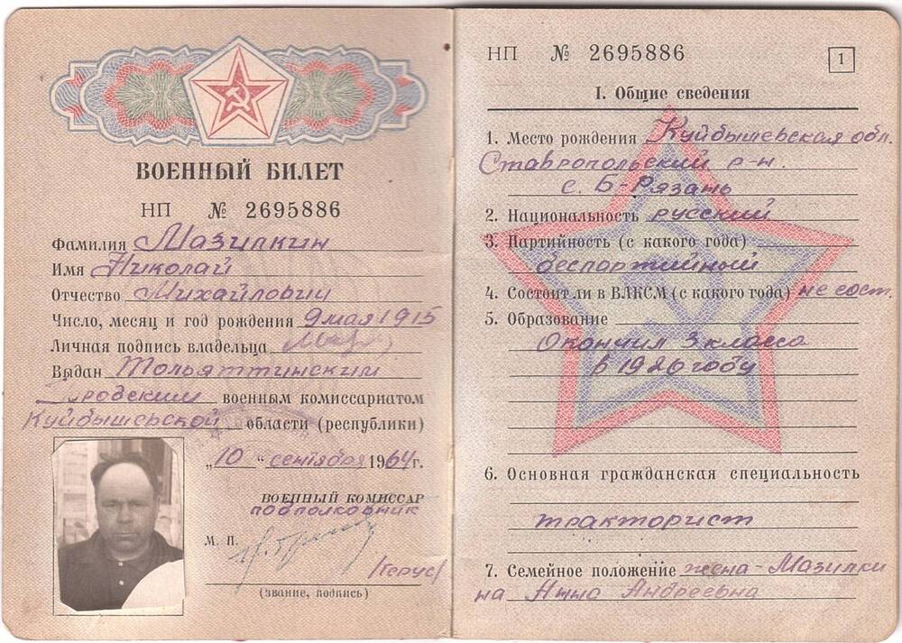 Билет военный №2695886, выданный  Мазилкину Николаю Михайловичу от 10 сентября 1964года.
