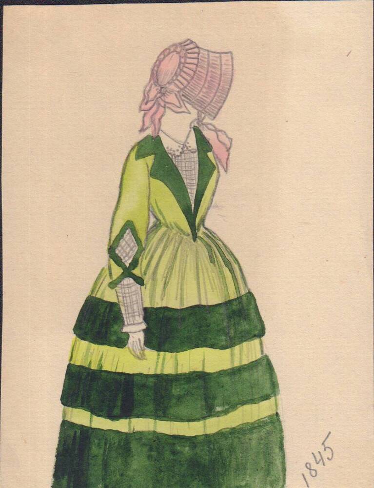 Рисунок женского костюма 1845  года.  В. Желновач, художник Пошехонского народного театра.