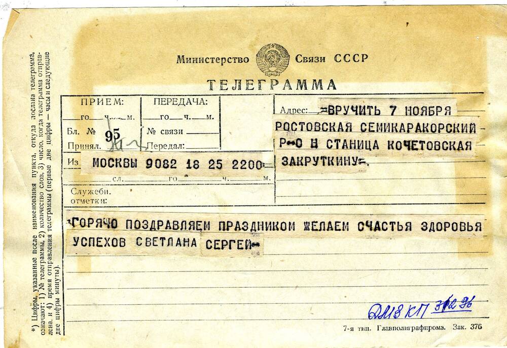 Телеграмма В.А. Закруткину