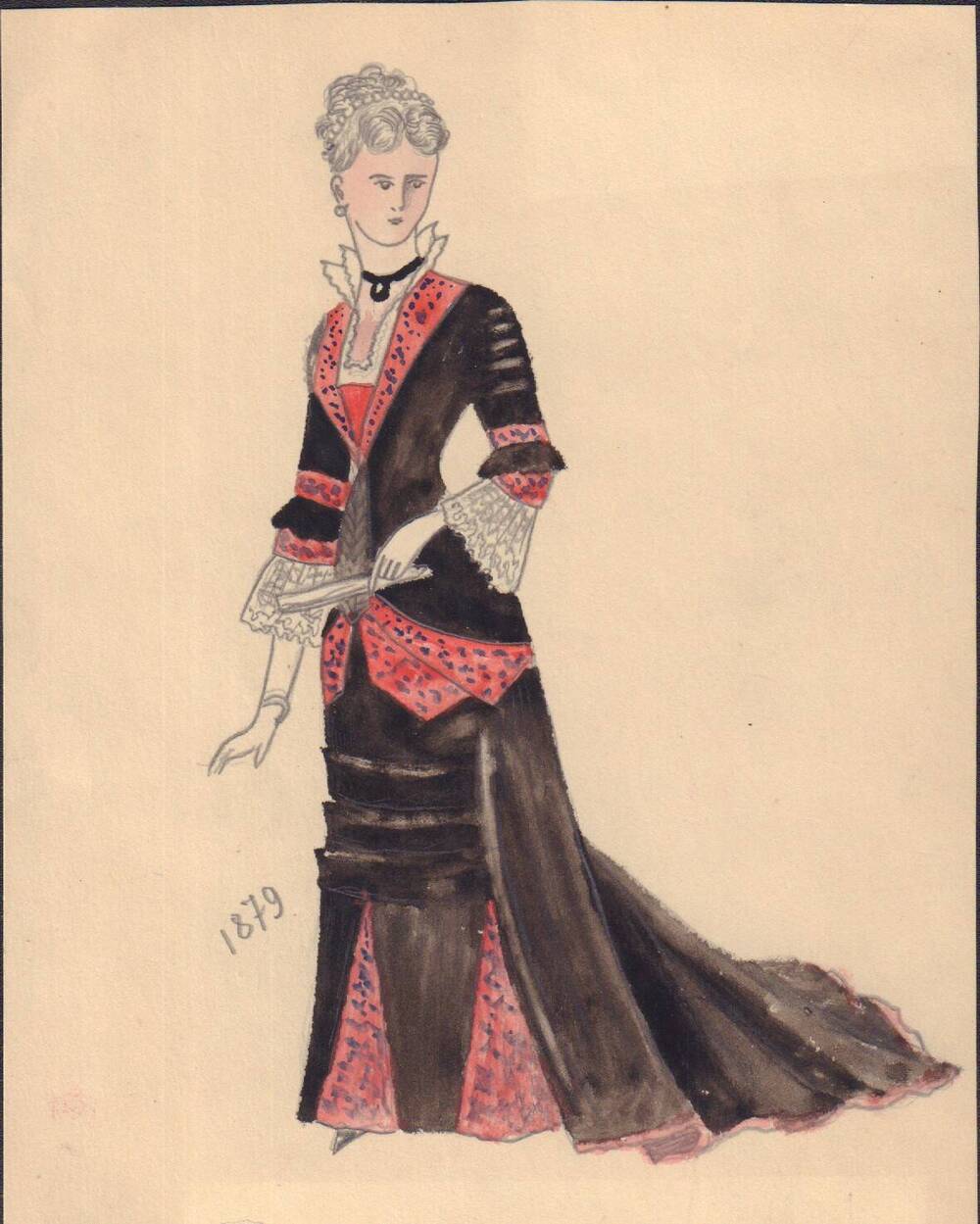 Рисунок женского костюма 1879 г. В. Желновач, художник  Пошехонского народного театра.
