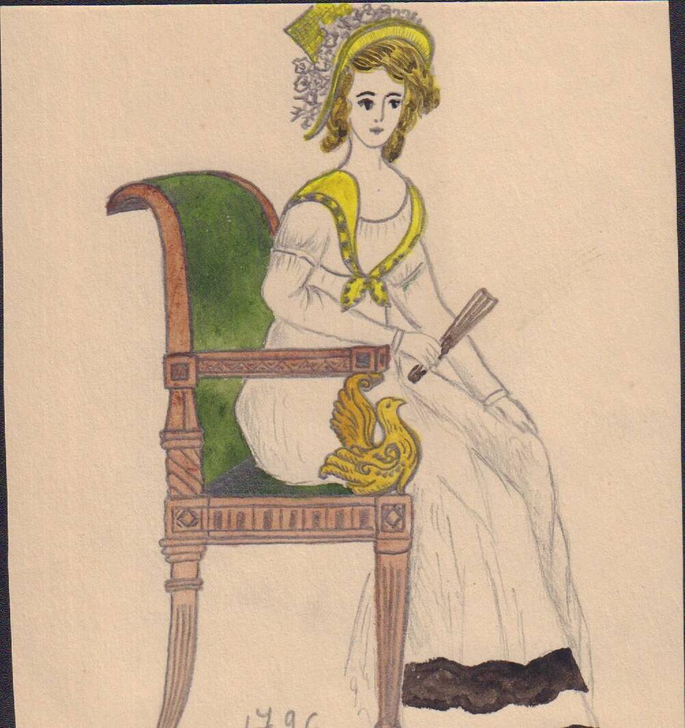 Рисунок женского  костюма 1796г.  В.А. Желновач, художник Пошехонского народного театра.