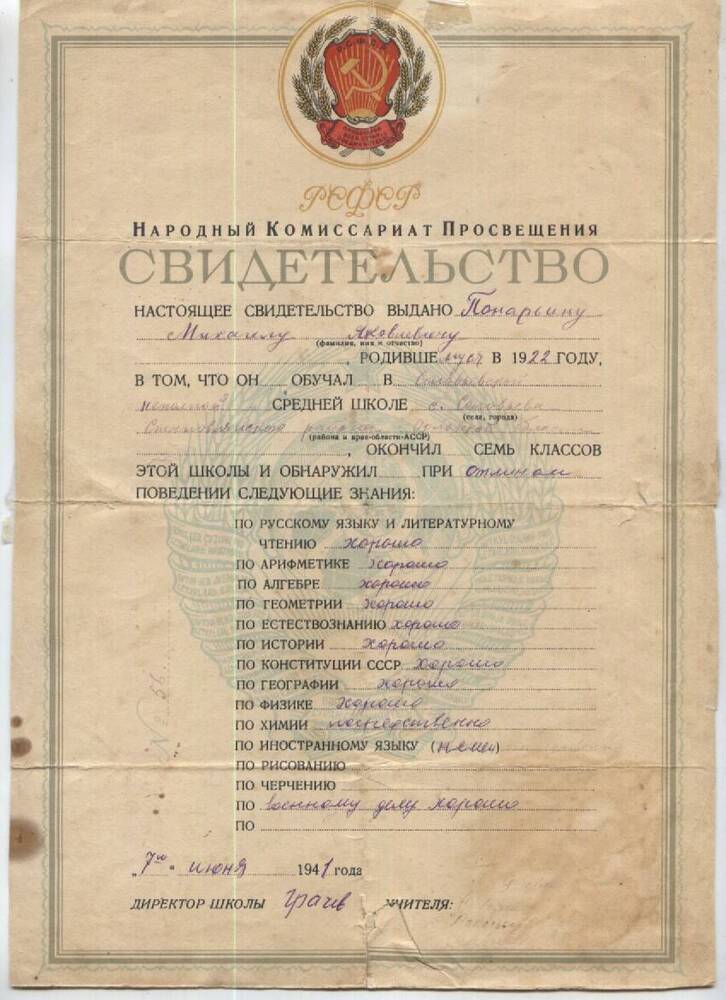 документ. Свидетельство об окончании Соловьёвской школы на имя М.Я.Панарина, 1942г.