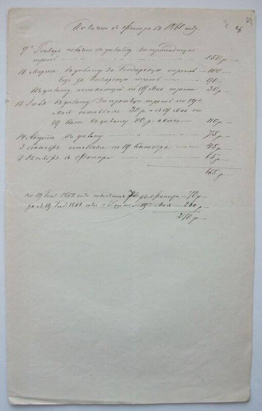 Реестр полученных от Ф.Х.Фишера сумм за съем квартиры на Воскресенском подворье с января 1861 по январь 1862