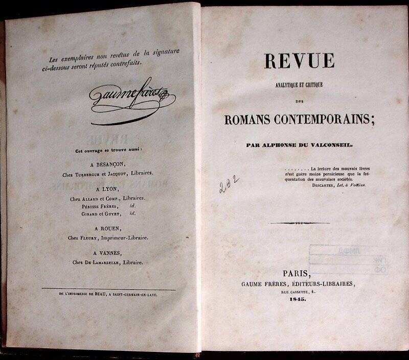 Книга. Revue analytique et critique des romans contemporains / par Alphonse Du Valconseil. - Paris : Gaume Freres, Editeurs-Libraires, 1845. - 435 c.