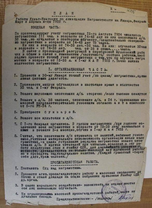 План работы культкомиссии по ликвидации неграмотности на январь - апрель 1925 г. Фабком фабрики им. Гимова.