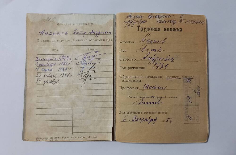 Трудовая книжка Апакаева Петра Андреевича.