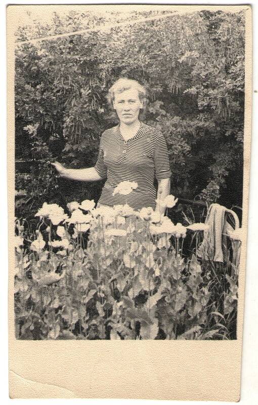 Фотография одиночная, сюжетная, ч/б на фоне цветущей лианы Сухова Мария Георгиевна
