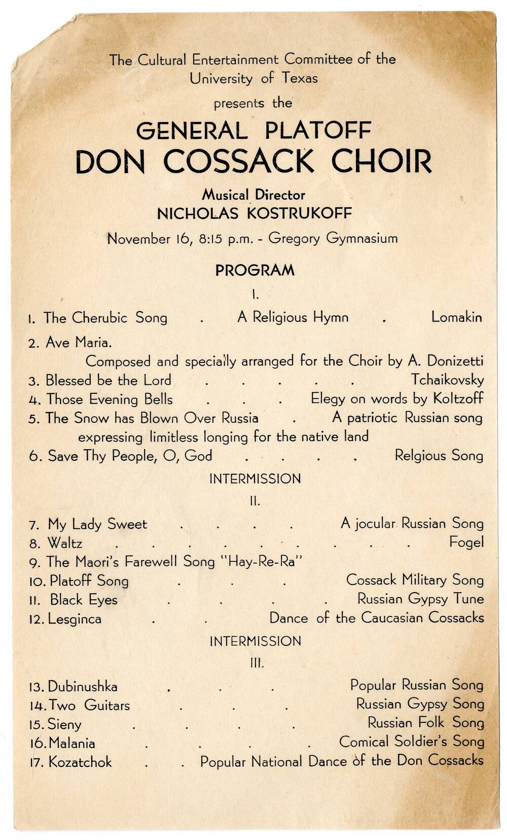Программа концерта хора донских казаков имени М.И. Платова General Platoff. Don Cossack Choir в Америке.