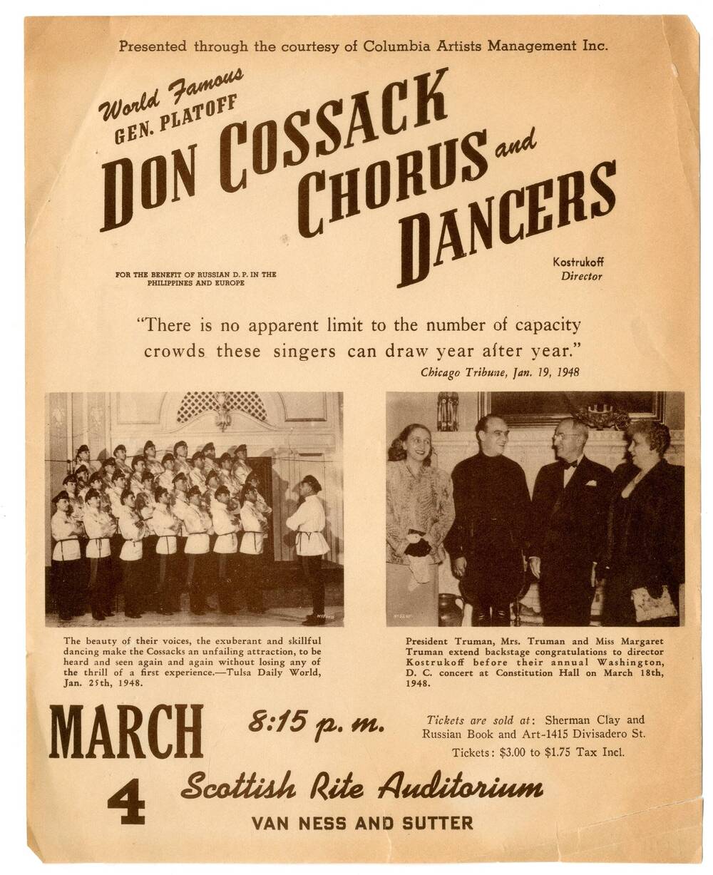 Реклама концерта хора донских казаков имени М.И. Платова Gen. Platoff. Don Cossack Chorus and dancers в США.
