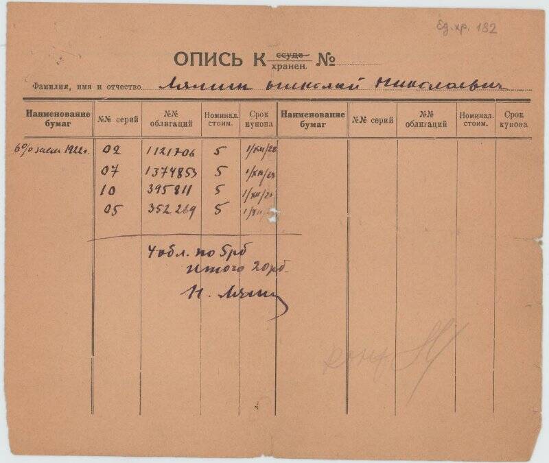 Опись к хранению облигаций на имя Лямина Николая Николаевича.